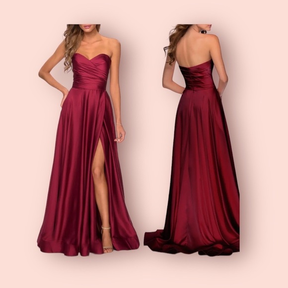 NEW Strapless Slit Satin Ballgown LA FEMME in Wine Red size 2 maxi prom wedding